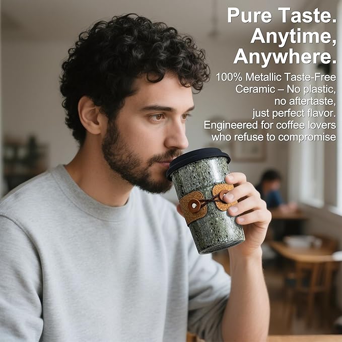 Coffee Travel Mug, Spill Proof Coffee Tumbler, Ceramic mug, Microwave & Dishwasher Safe, Large Porcelain Coffee Cup, Tea Mug with Lid, Decorative Latte Cup for Men, 16.5 oz