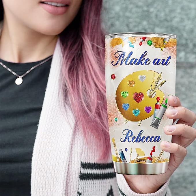 WAZONE Personalized Make Art And She Lived Happily Ever After Stainless Steel Tumbler 20oz 30oz Insulated Cup Travel Mug Customized Gift Cool For Girl Painting Lover Painters Artists Teachers