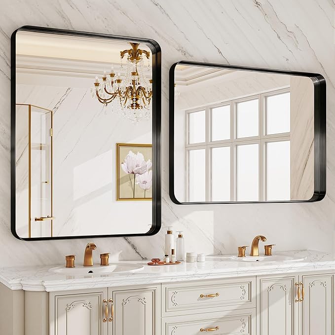 Bathroom Mirror for Wall, 30x22 Inch Rectangle Mirror, Matte Black Metal Framed - Image 3