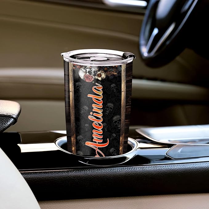 WAZONE Personalized Skull Tumbler Wood Drawing Style Custom Name Double Wall Vacuum 20oz 30oz Stainless Steel Travel Mug Insulated Cup Thermal Cups Novelty Halloween Day Gifts