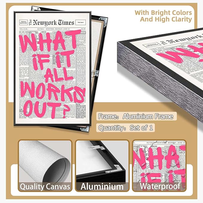 Drimiler Retro Newspaper Pink Font Poster What If It All Works Out Canvas Wall - Image 2