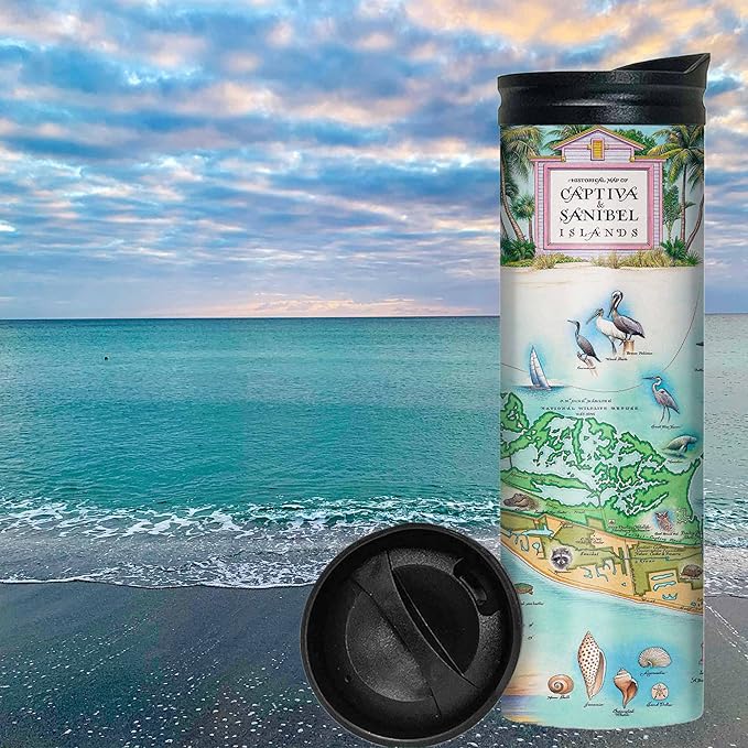 Xplorer Maps Florida's Sanibel & Captiva Islands Map 16 Oz Travel Drinkware with Spill-Resistant Lid - Stainless Steel Vacuum Insulated Coffee Tumbler