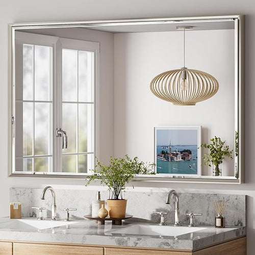 48'' x 30'' Brushed Nickel Framed Beveled Bathroom Mirror, Shatterproof by QUEENFUN