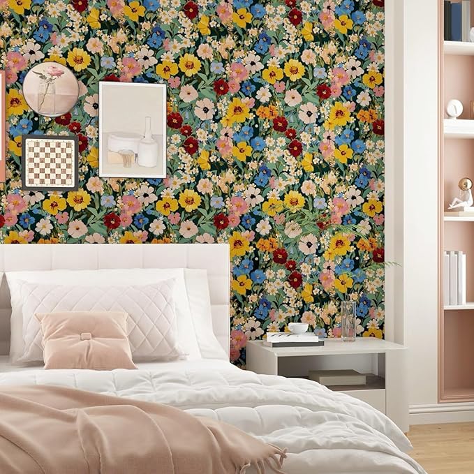 BOKEBEVE Watercolour Floral Peel and Stick Wallpaper Colorful Boho Contact - Image 4