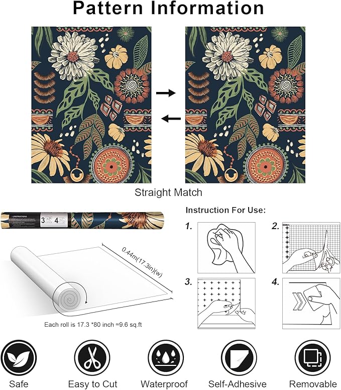Simon&Siff Boho Peel and Stick Wallpaper, 17.3" x 80" Blue Sun Floral Retro - Image 7