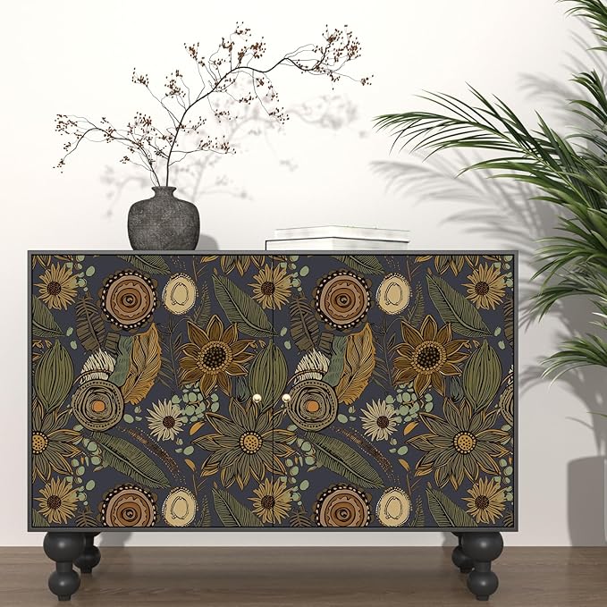 Boho Wallpaper Peel and Stick, Vintage Blue Yellow Floral Contact Paper 17.5" x - Image 3