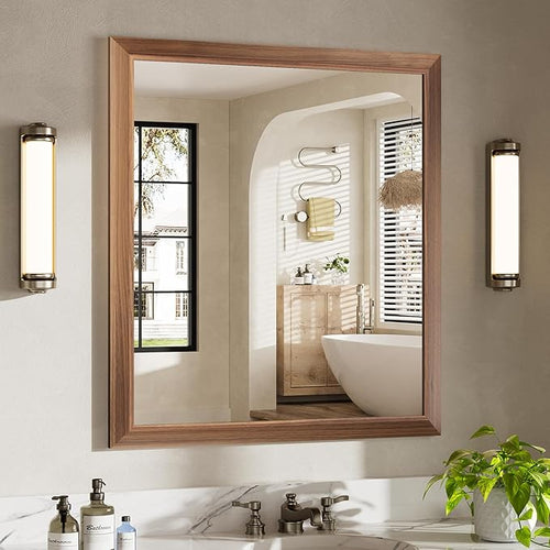 36x32 Inch Bathroom Mirror for Wall, Anti-Rust Walnut Wood Grain Metal Framed by Briivuemodernmirrors