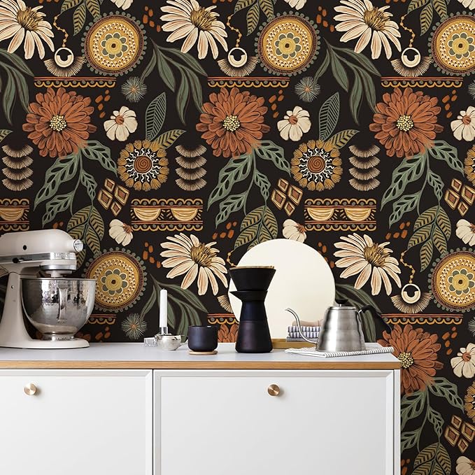Simon&Siff Boho Peel and Stick Wallpaper, 17.3" x 80" Sun Floral Retro Contact - Image 4
