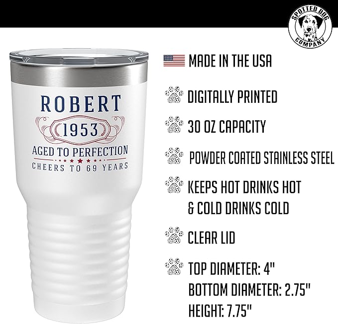 Personalized Printed 30oz Insulated Stainless Steel Powder Coated Tumbler with Lid, Custom Printed, White, Bernard
