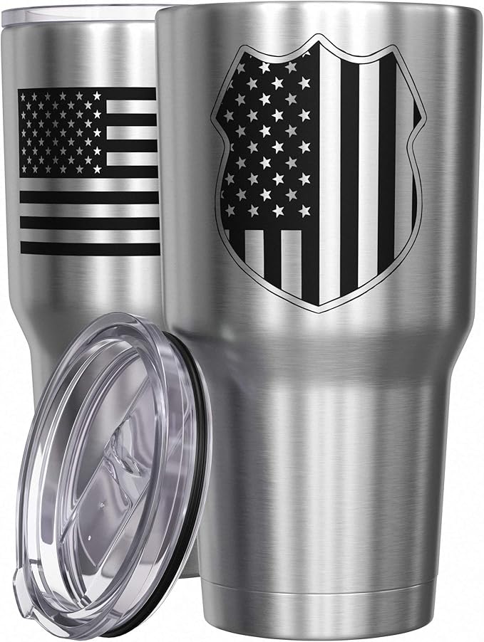 We The People Holsters - Police Shield - Coffee Tumbler - American Flag Coffee Travel Mug - Engraved Tumbler - Double Insulated Tumbler - 30 oz