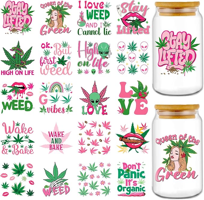 UV DTF Cup Wraps - 20 Sheets 420 Theme UV DTF Decals for 16 oz Glass Mugs, Tumblers, Weed Alien Lip Waterproof Rub on Transfer Stickers for DIY Wood Crafts