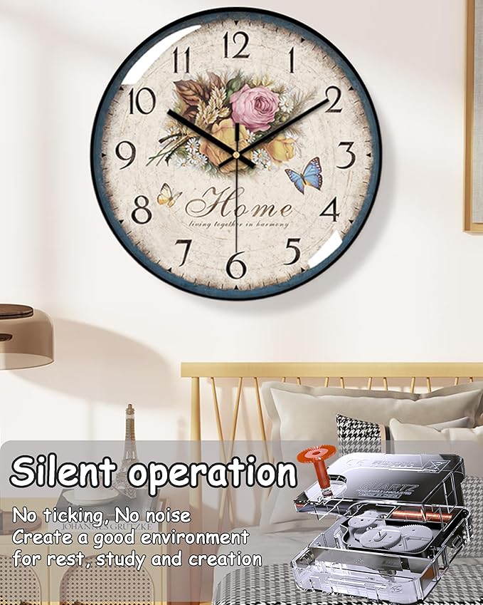 Decorative Wall Clock Battery Operated, 12-Inch Retro Vintage Floral Butterfly - Image 3