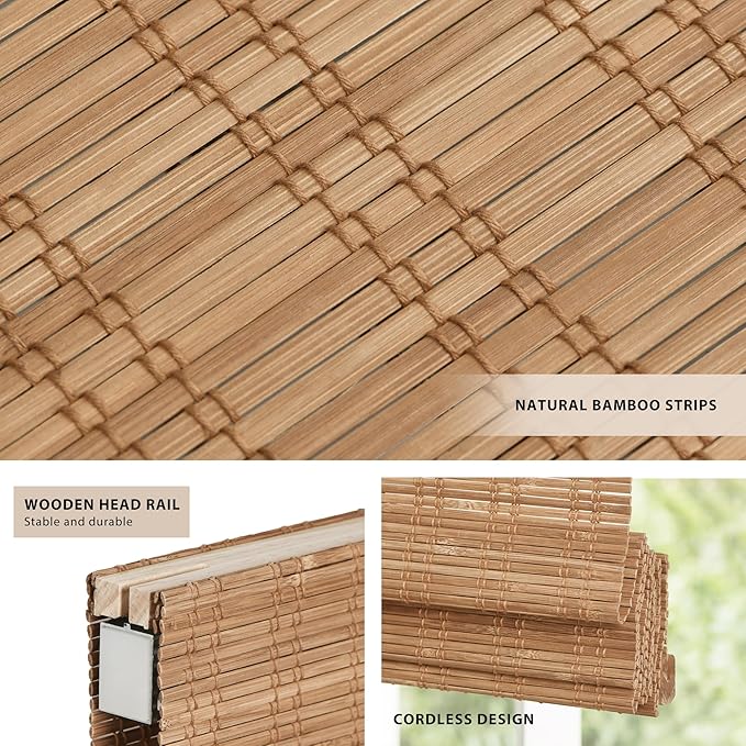 LazBlinds No Tools No Drill Cordless Bamboo Roman Shades, Light Filtering - Image 2