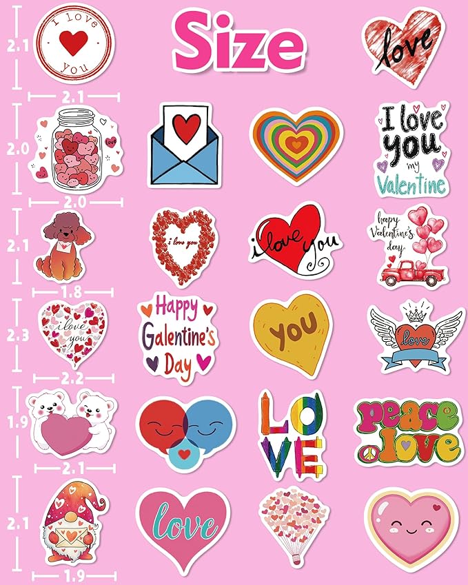 Valentines Day Stickers, Heart Stickers for Water Bottles Cards Gift Boxes Party Favors, Valentines Gifts for Kids Classroom, Waterproof Vinyl Love Sticker for Kids Teens Girls