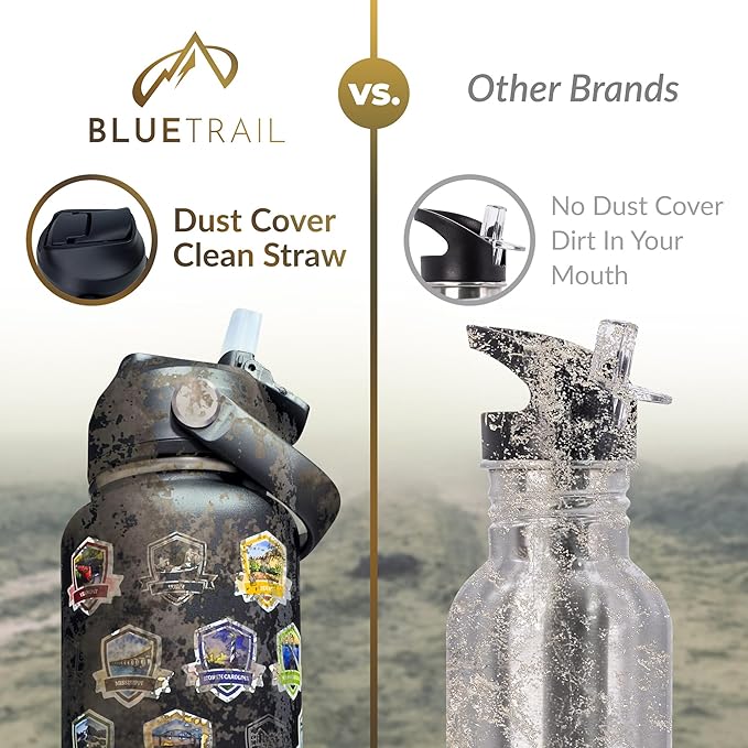 BlueTrail 50 States Water Bottle with Stickers - 32 oz Insulated Stainless Steel, Upgraded Leak-Proof Lid, UV & Waterproof Permanent Stickers, Laser Engraved 50 States of the USA (Black)