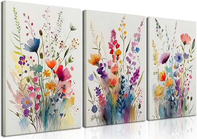 KISSFOX 3 Piece Colorful Flower Framed Wall Art Decor Watercolor Botanical by KISSFOX