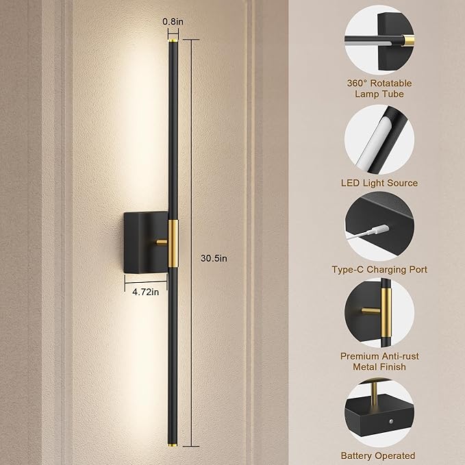 31.5 Inch Battery Operated Wall Sconce Set of Two, 8000mAh USB Rechargeable - Image 7