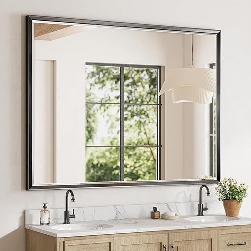 48 x 36 Black Framed Mirror for Bathroom, Beveled Black Bathroom Vanity Mirror by QUEENFUN