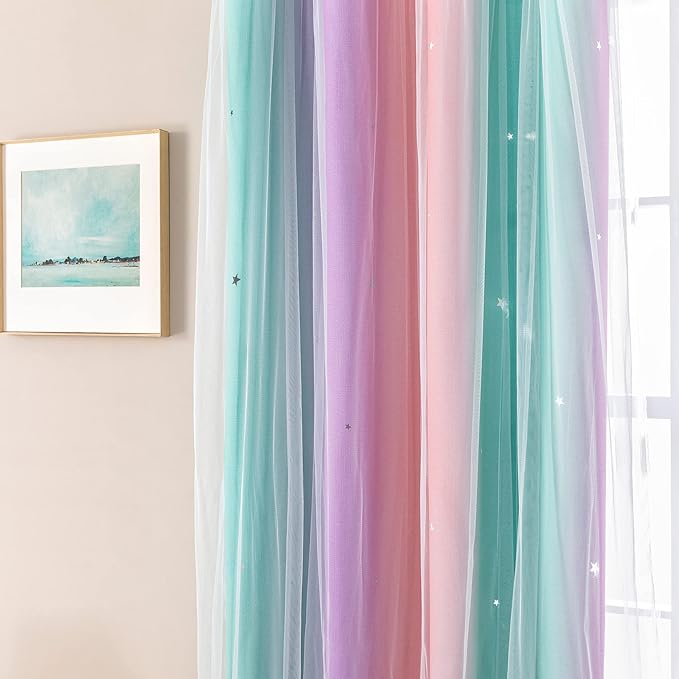 XiDi Curtains for Bedroom Decor, Rainbow PinkPuGreen-62-84 - Image 2