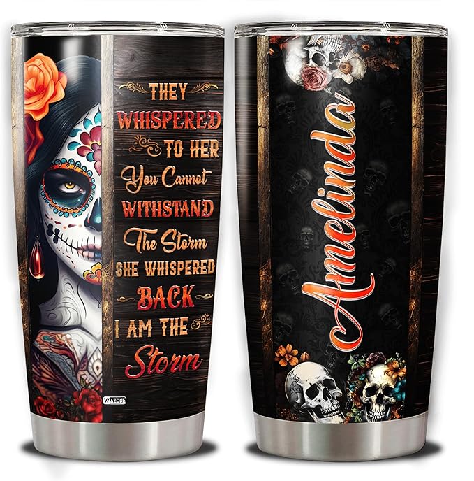 WAZONE Personalized Skull Tumbler Wood Drawing Style Custom Name Double Wall Vacuum 20oz 30oz Stainless Steel Travel Mug Insulated Cup Thermal Cups Novelty Halloween Day Gifts