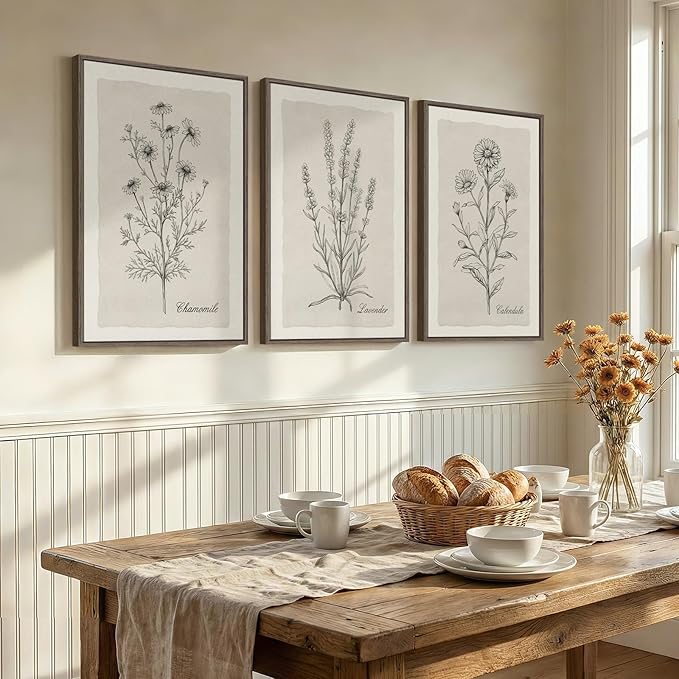 Framed Farmhouse Botanical Canvas Wall Art Set of 3, Large Vintage Neutral - Image 3