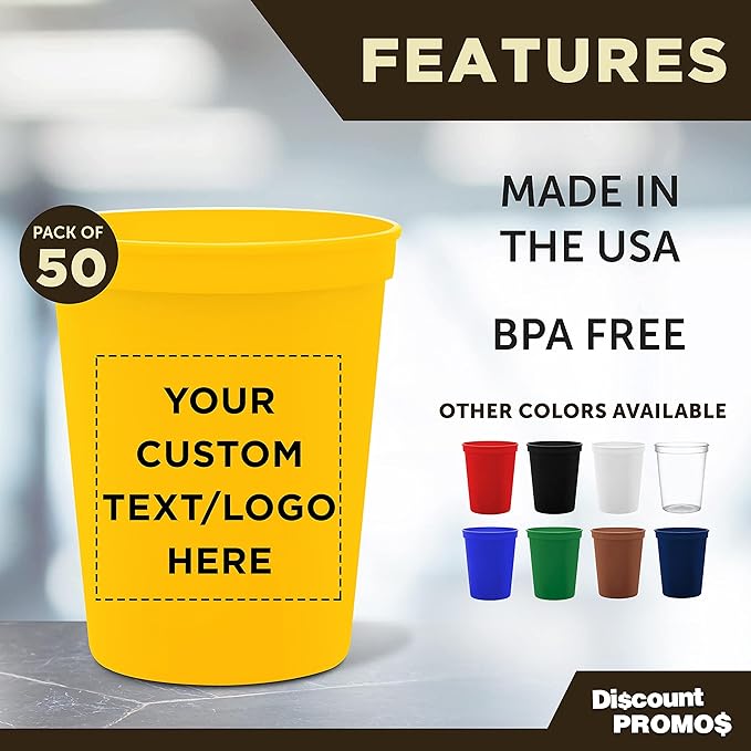 DISCOUNT PROMOS Custom Plastic Stadium Cups 16 oz. Set of 50, Personalized Bulk Pack - Perfect for Birthdays, Weddings, Picnic, Beach, Parties - Yellow