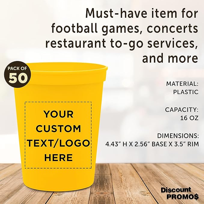 DISCOUNT PROMOS Custom Plastic Stadium Cups 16 oz. Set of 50, Personalized Bulk Pack - Perfect for Birthdays, Weddings, Picnic, Beach, Parties - Yellow