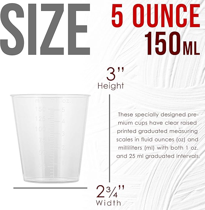 Pouring Masters 5 Oz (150 ml) Liquid Measuring Cups - Plastic Graduated Cup (50 Pack) with 25 Sticks - Reusable Mixing Cups for Paint, Craft, Kitchen, Lab, Medical Supplies, Epoxy Resin, Art