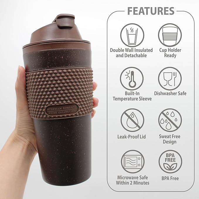16 oz Coffee Tumbler Set, 2 Pack, Made with Real Coffee Grounds, Detachable & Insulated Double Wall, Cup Holder Ready, Dishwasher and Microwave Safe, Leak Proof Lid, BPA Free, Brown