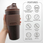 16 oz Coffee Tumbler Set, 2 Pack, Made with Real Coffee Grounds, Detachable & Insulated Double Wall, Cup Holder Ready, Dishwasher and Microwave Safe, Leak Proof Lid, BPA Free, Brown