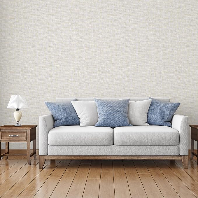 Yancorp 24"x120" Textured Fabric Cream Faux Grasscloth Peel and Stick Wallpaper - Image 4