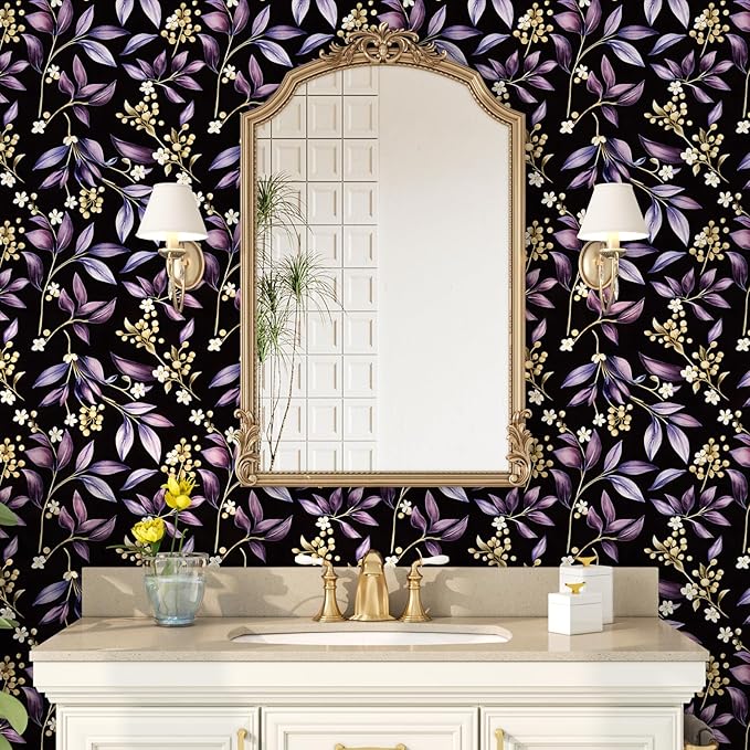 Extra Long Vintage Purple Leaves Wallpaper, 17.5In x 393In Black Botanical - Image 4