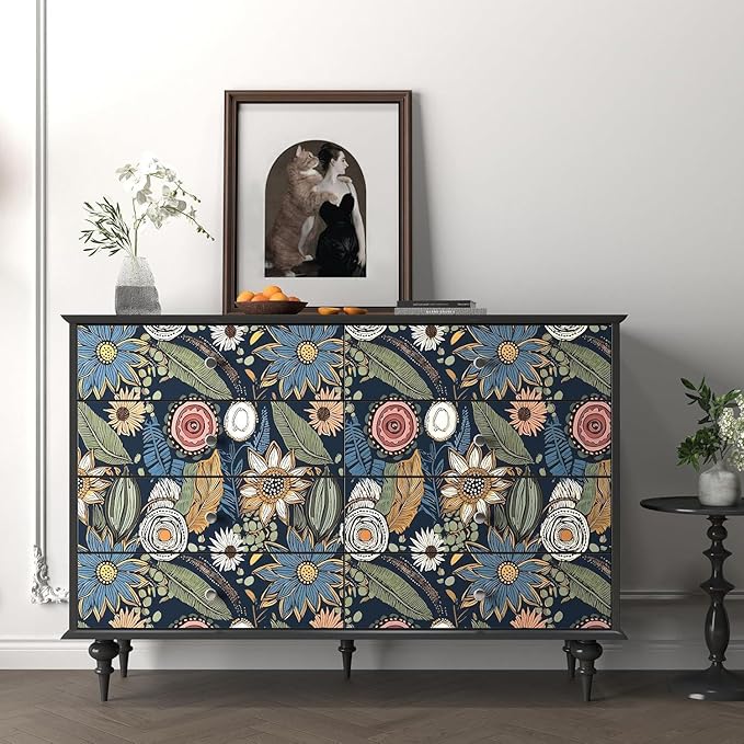 Blue Wallpaper Peel and Stick, Vintage Boho Floral Contact Paper 17.5" x 118" - Image 3