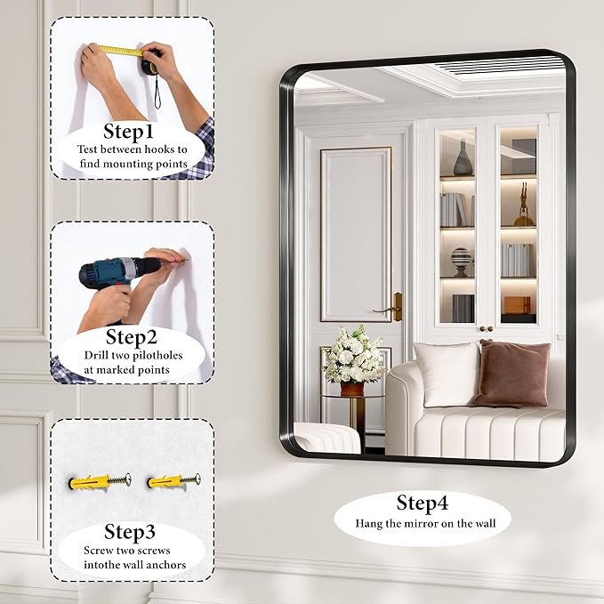 40X30 Inch Black Metal Framed Bathroom Mirror - Image 9
