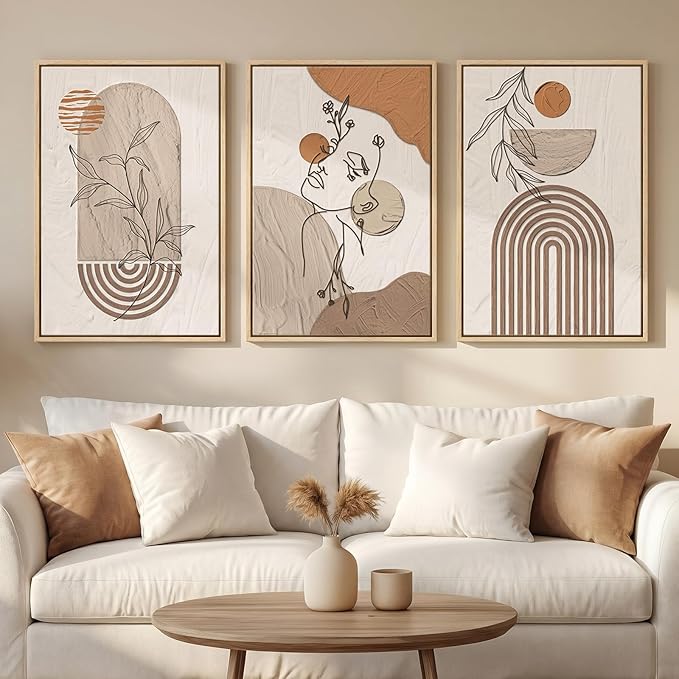 Framed Earth Tone Boho Abstract Wall Art Bedroom, 3 Piece Neutral Modern by Cuspin
