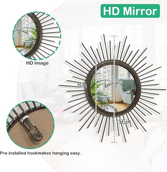 Large Spoked Sunburst Wall Mirror Boho Home Decor Round Wall Art Mirror Modern - Image 7