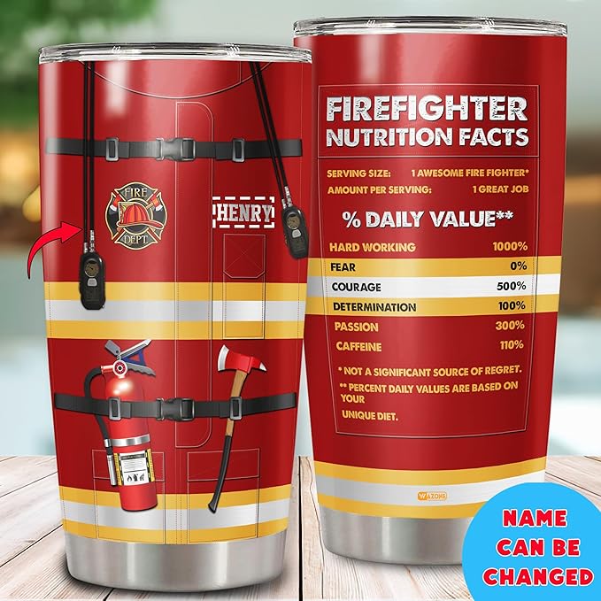 WAZONE Personalized Firefighter Nutrition Facts Tumbler Stainless Steel 20oz 30oz Custom Name Firefighting Travel Mug Funny Saying Insulated Cup Fireman Gift Ideas For Him Men Women