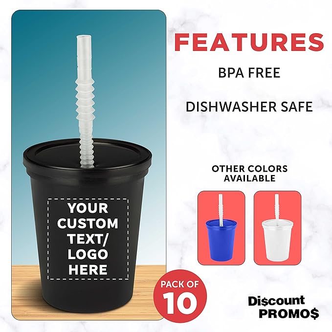 Custom Reusable Plastic Cups with Lid and Straw 16 oz. Set of 10, Personalized Bulk Pack - Perfect for Birthdays, Weddings, Picnic, Beach, Parties - Black