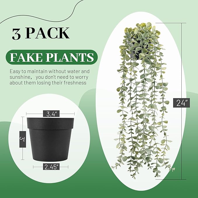 Der Rose 3Pcs Fake Plants Hanging Artificial Decor Faux Potted Eucalyptus Plants - Image 3