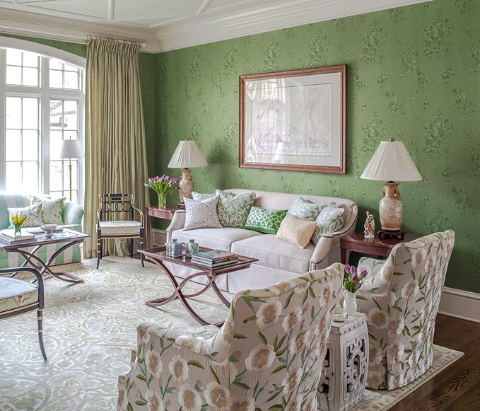 Erfoni 197"x17.7" Green Thicken Floral Embossed Wall Paper Pure Green Peel and - Image 2