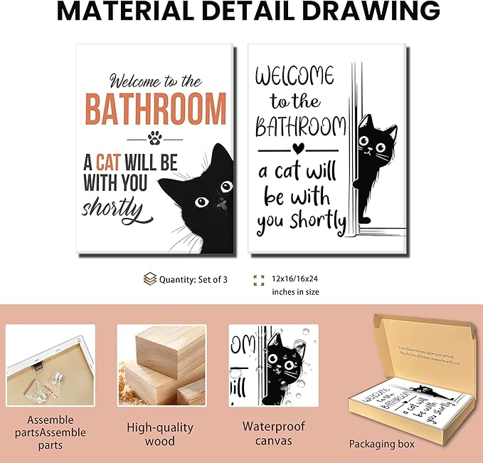 MUWAK Funny Welcome to the Bathroom Slogan Wall Art Set of 2 – Cat will Be - Image 5