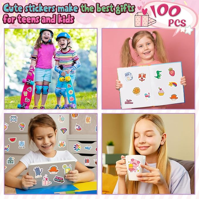 RINOLY 100 PCS Water Bottle Stickers for Kids, Cute Sticker for Girls,Waterproof Vinyl Kawaii Stickers for Water Bottles,Skateboard,Laptop,Girls Boys Classroom Prizes