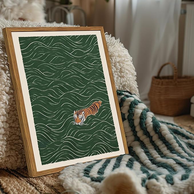 Framed Japanese Tiger Wall Art, Vintage Tiger Swimming Pictures Wall Decor - Image 3