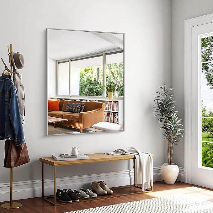 KOCUUY Silver Bathroom Mirror, HD Tempered Glass, Anti-Rust Brushed Silver Frame - Image 3