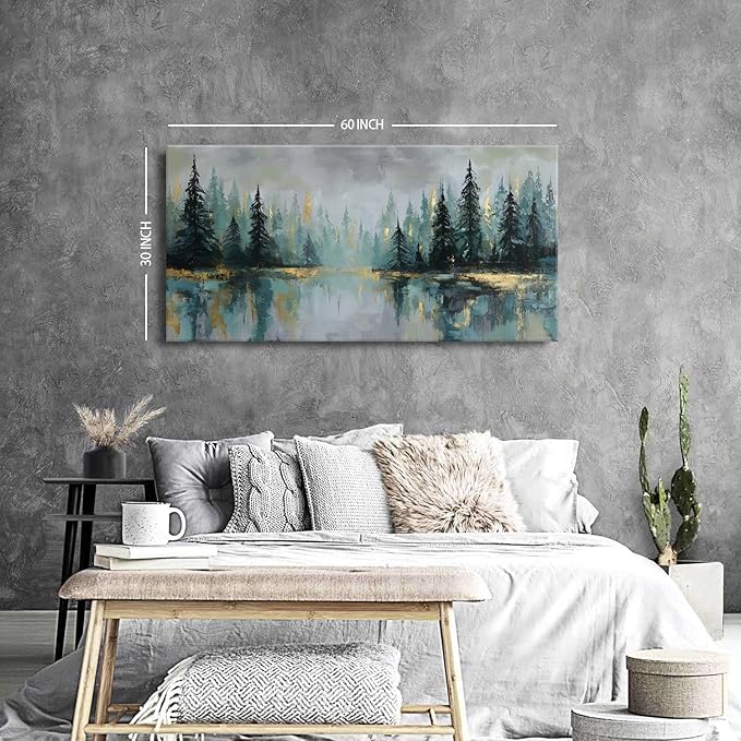 Green Forest Wall Art Vintage Fog Pine Trees Landscape Wall Decor Nature Green - Image 3