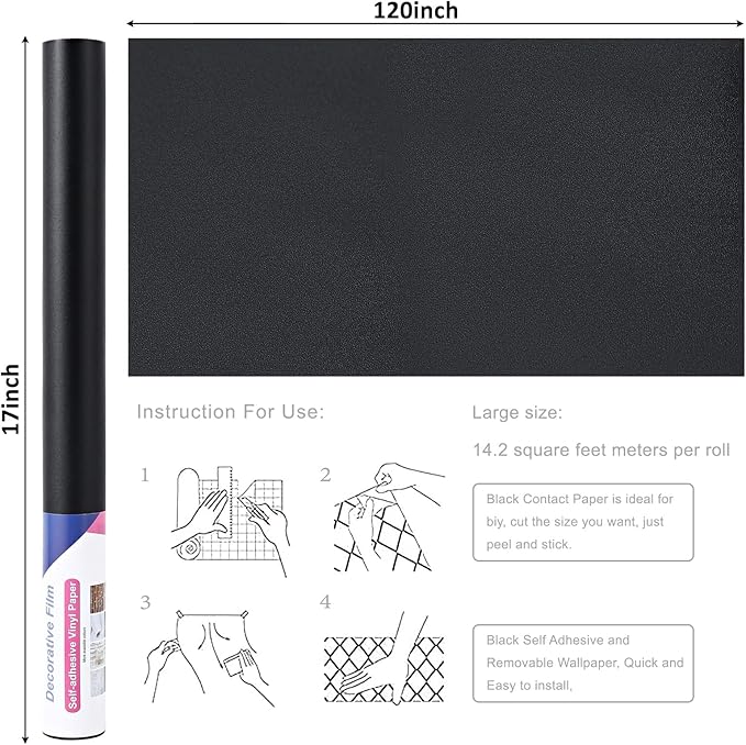 17"x120" Black Wallpaper Peel and Stick Contact Paper, Matte Black Wallpapers - Image 3