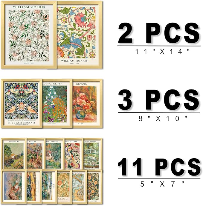 ANERZA 16 PCS Gold Framed Vintage Eclectic Wall Art Decor, William Morris Wall - Image 2