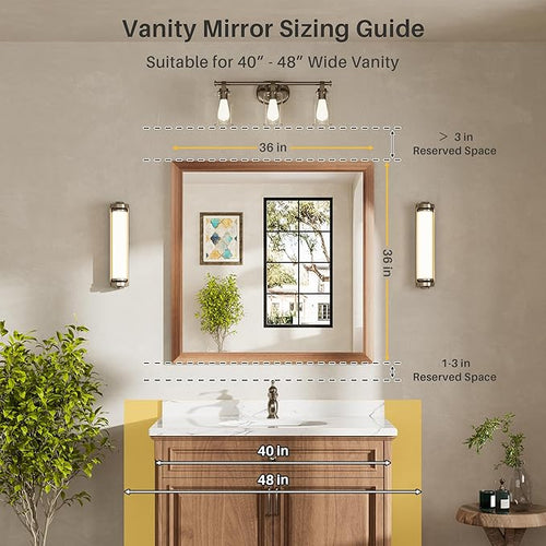 36x36 Inch Bathroom Mirror for Wall, Anti-Rust Walnut Wood Grain Metal Framed - Image 2
