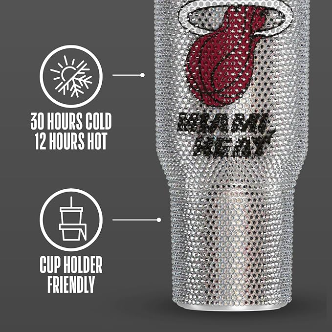 Hydrapeak x NBA Officially Licensed Miami Heat Voyager 40 oz Stainless Steel Bling Tumbler with Handle, Insulated Rhinestone Water Bottle With Straw & Lid, Includes Gift Box