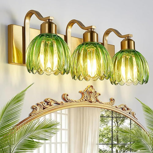 3-Light Vanity Lights with Green Tulip Glass Shade, Vintage Vanity Wall Sconce by AIXIALIN
